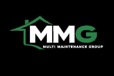 MMG Multi Maintenance Group logo with green house outline and white text on black background